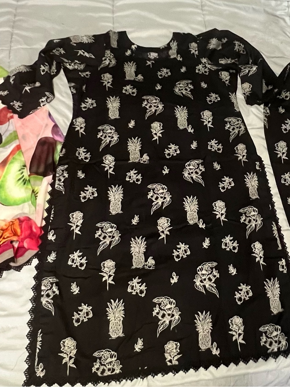 Black Floral & Pineapple print embroidered  tunic Dress